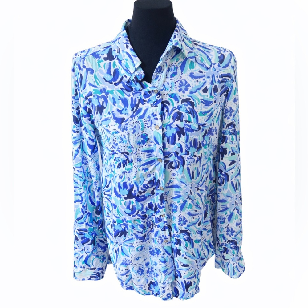 Lilly Pulitzer Blue Turquoise Print Button-Front Collared Shirt XXS